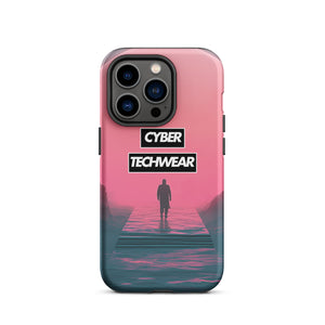 Elegant Pink iPhone Case for iPhone 14 Pro, back view of the pink sky and figure on a pier print