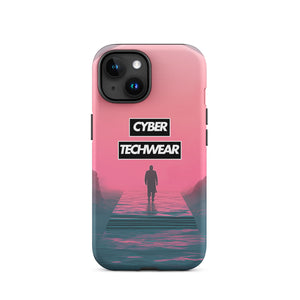 Elegant Pink iPhone Case for iPhone 15, back view of the pink sky and figure on a pier print