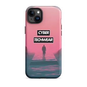 Elegant Pink iPhone Case for iPhone 15 Plus, back view of the pink sky and figure on a pier print