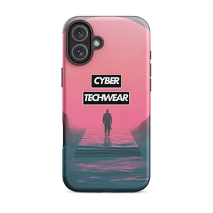 Elegant Pink iPhone Case for iPhone 16 Plus, back view of the pink sky and figure on a pier print
