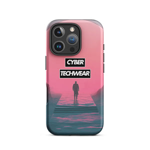 Elegant Pink iPhone Case for iPhone 16 Pro, back view of the pink sky and figure on a pier print
