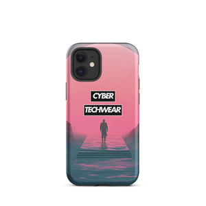 Elegant Pink iPhone Case for iPhone 12 mini, back view of the pink sky and figure on a pier print