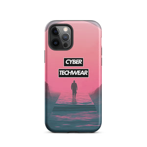 Elegant Pink iPhone Case for iPhone 12 Pro, back view of the pink sky and figure on a pier print
