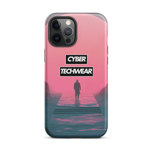 Elegant Pink iPhone Case for iPhone 12 Pro Max, back view of the pink sky and figure on a pier print
