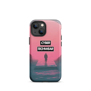 Elegant Pink iPhone Case for iPhone 13 mini, back view of the pink sky and figure on a pier print