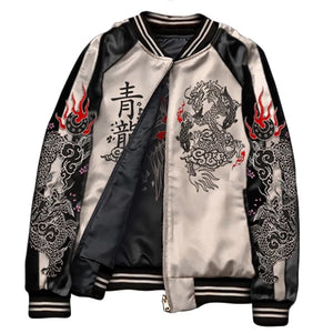Jacket with dragon designs and Chinese characters on a white background