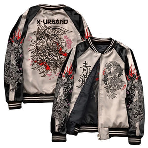 Two jackets with dragon designs and black and white color scheme on a white background