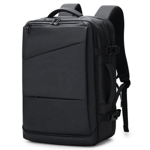 Black business backpack with an expandable main compartment and a luggage strap