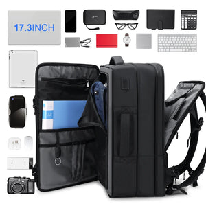 Black business backpack with an expandable main compartment and a luggage strap
