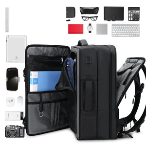 Black business backpack with an expandable main compartment and a luggage strap