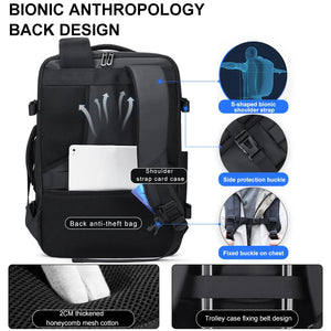 Black business backpack with an expandable main compartment and a luggage strap