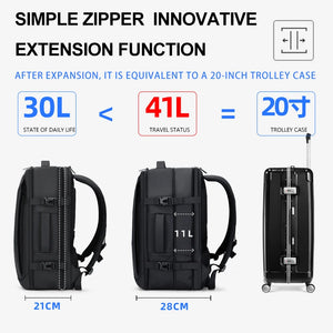 Black business backpack with an expandable main compartment and a luggage strap