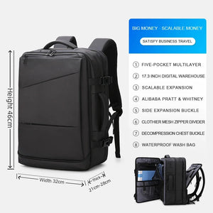 Black business backpack with an expandable main compartment and a luggage strap