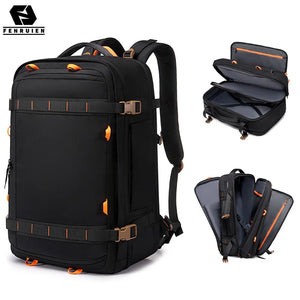 Large travel backpack with expandable sides and compression straps, in khaki blue or black