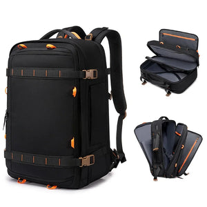 Large travel backpack with expandable sides and compression straps, in khaki blue or black