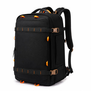 Expandable Travel Techwear Backpack in black with insets of the opened laptop and clothing compartments
