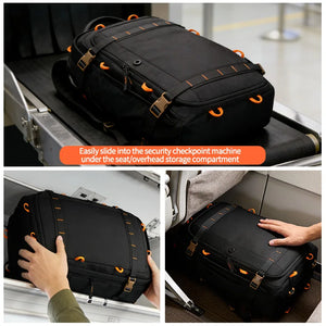 Large travel backpack with expandable sides and compression straps, in khaki blue or black