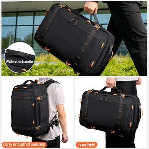Large travel backpack with expandable sides and compression straps, in khaki blue or black
