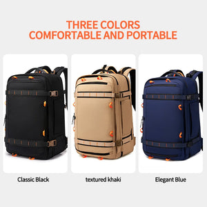 Large travel backpack with expandable sides and compression straps, in khaki blue or black