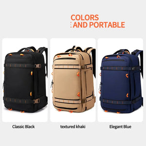 Large travel backpack with expandable sides and compression straps, in khaki blue or black