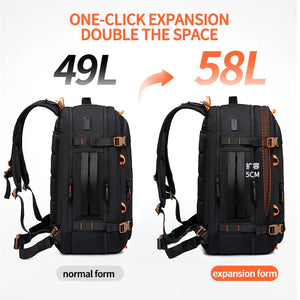 Large travel backpack with expandable sides and compression straps, in khaki blue or black