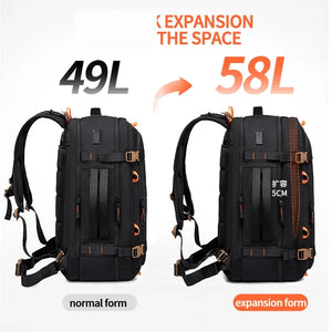 Large travel backpack with expandable sides and compression straps, in khaki blue or black