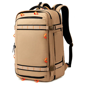 Large travel backpack with expandable sides and compression straps, in khaki blue or black
