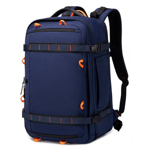 Large travel backpack with expandable sides and compression straps, in khaki blue or black