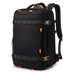 Large travel backpack with expandable sides and compression straps, in khaki blue or black