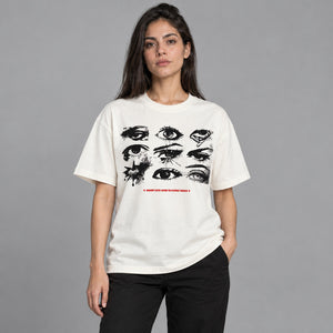 Eyes Print Casual White Y2K Graphic Tees – worn by a woman