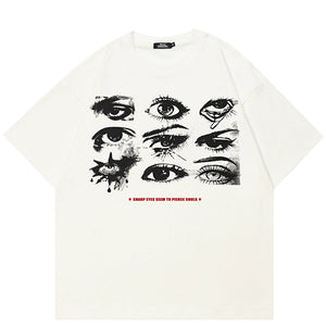 Eyes Print Casual White Y2K Graphic Tees