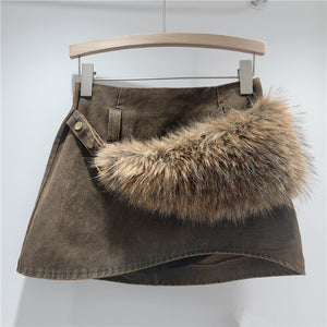 Faux Fur Belted Y2K Skirt