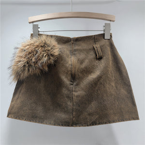 Faux Fur Belted Y2K Skirt