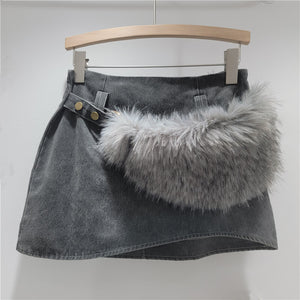 Faux Fur Belted Y2K Skirt