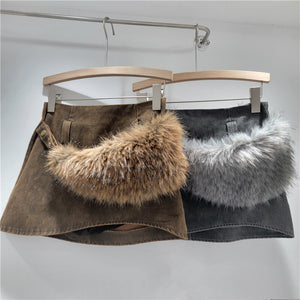Faux Fur Belted Y2K Skirt
