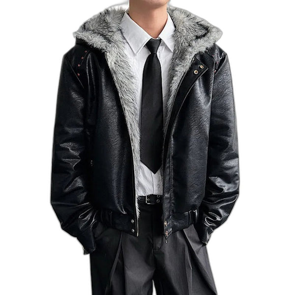 Faux Fur Y2K Jacket Men – Glossy Hooded Winter Jacket, Bold