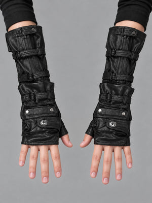 Fingerless Cyberpunk Long Gloves worn by a person, close-up on both hands, front view on a grey studio background