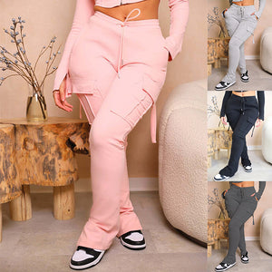 Flare Cargo Y2K Pants in pink on a woman, with small views of the light grey, black and dark grey versions