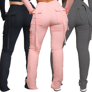 Back view of the flare cargo pants in black, pink and dark grey, back flap pockets and long flared legs