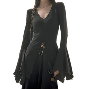 Flare Sleeve V-neck Black Top - product view on white background