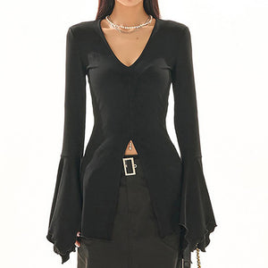 Flare Sleeve V-neck Black Top