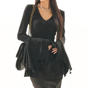 Flare Sleeve V-neck Black Top