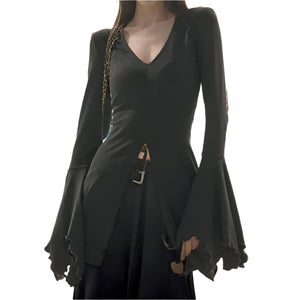 Flare Sleeve V-neck Black Top
