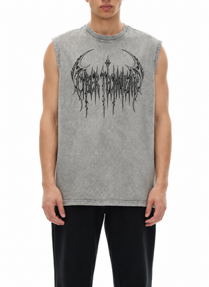 A model wears the light grey tank, a black gothic emblem printed across the upper chest