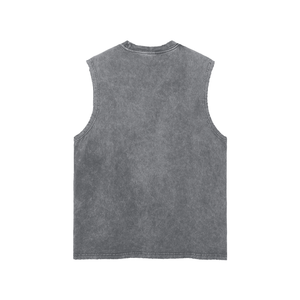 Back of the mid grey tank, unprinted, showing how square the body is cut at the hem