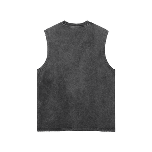 Back of the dark grey tank, unprinted, the wash lifting unevenly across the shoulders