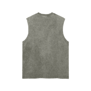 Back of the grey green tank laid flat, plain, with the hem left rough along the bottom