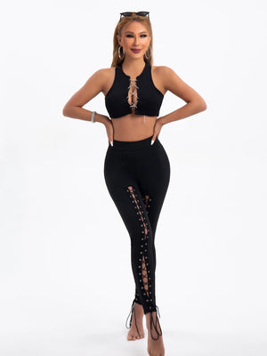 Black front lace-up techwear leggings with high waist