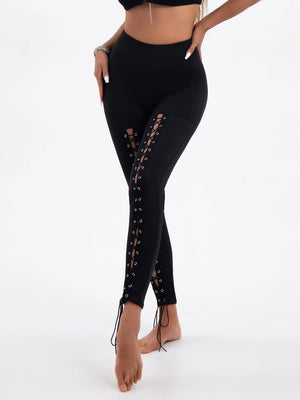 Black front lace-up techwear leggings with high waist