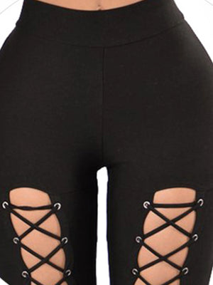 Black front lace-up techwear leggings with high waist